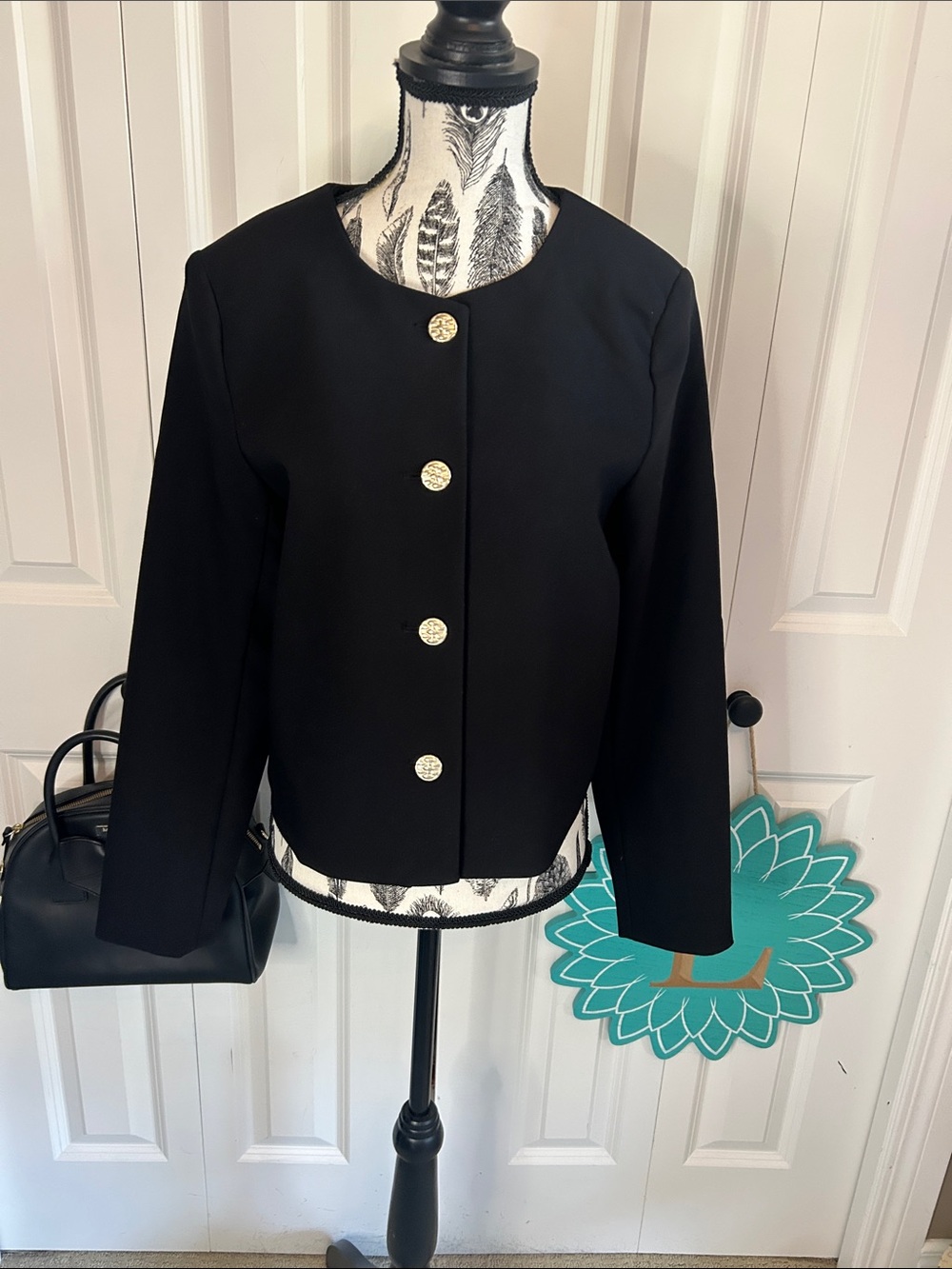 ✨ NWT Rachel Zoe Classic Black Collarless Blazer Gold Button Jacket XS ✨